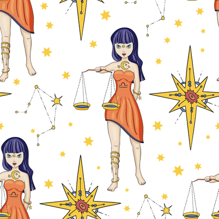 Seamless Pattern With Zodiac Libra Girl Vector Sign. Cartoon astrology illustration. Horoscope drawing.のイラスト素材