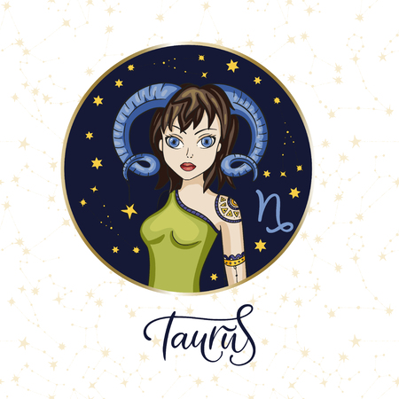 Zodiac Girl Vector Sign. Cartoon Taurus astrology round badgeのイラスト素材