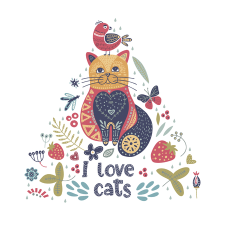 Cat and bird. Folk art vector animal illustration in scandinavian style. Tribal nordic art.のイラスト素材
