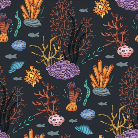 Sea seamless vector pattern. Ocean tropical exotic  with coral, algae, shells, sea plants.のイラスト素材