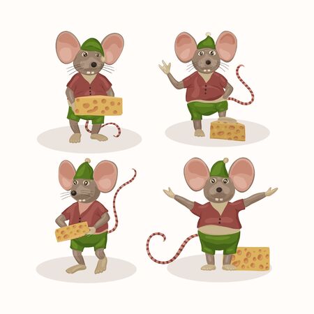 Cartoon Christmas vector mouse set. Collection with cute rats and cheese. Winter holiday animals.のイラスト素材