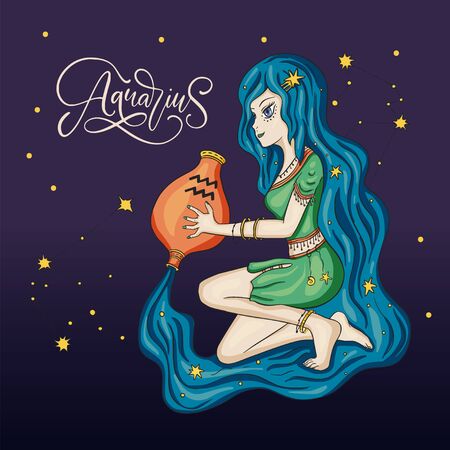 Zodiac Aquarius Beautiful Girl Vector Sign. Cartoon horoscope astrology illustration with constellations. Horoscope drawing.のイラスト素材