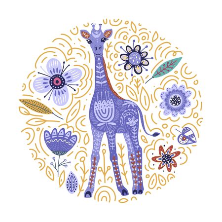 Cartoon giraffe vector flat illustration in scandinavian style. Round card with african animal and flowers.のイラスト素材