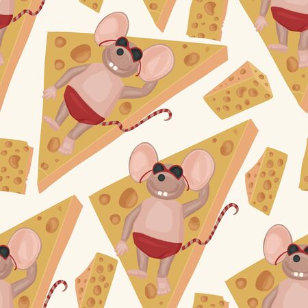 Christmas vector mouse seamless pattern. Cartoon holiday illustration. Relaxing rat.のイラスト素材