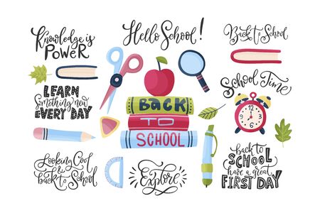 Vector hand drawn set of icons with school stationery and lettering quotes. Back to school message and flat illustrations. Cute cartoon art. Study collection.のイラスト素材
