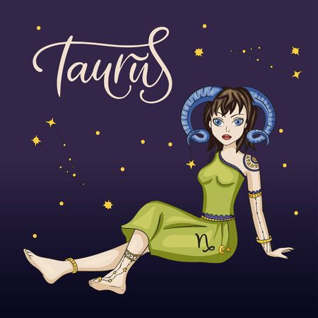 Zodiac Taurus Beautiful Girl Vector Sign. Cartoon horoscope astrology illustration with constellations. Horoscope drawing.のイラスト素材