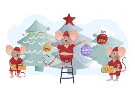 Christmas vector mouse. Cartoon illustration.のイラスト素材