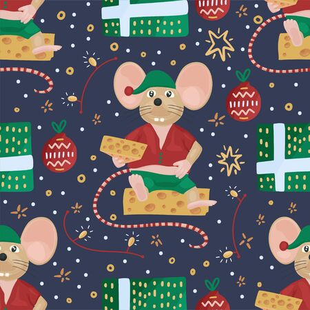 Christmas vector mouse seamless pattern. Cartoon holiday illustration. Cute happy rat with cheese gifts.のイラスト素材