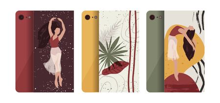 Abstract vector illustration. Flat and Hand drawn brush ink textured art. Ballerina mobile phone case cover collection. Female elegance tropical palm leaves, nature and dancer set.のイラスト素材
