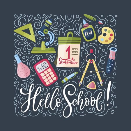 Vector school card with flat and doodle illustrations and hand drawn lettering quote. Back to school. Hello school post card with calculator, glue, test tube and calendar.のイラスト素材