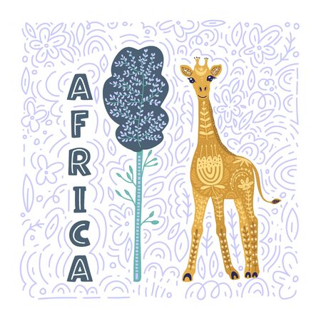 Cartoon giraffe vector flat illustration in scandinavian style. Tall african animal under the tree.のイラスト素材