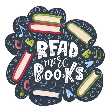 Vector school card with flat and doodle illustrations and hand drawn lettering quote. Back to school. Read more books.のイラスト素材