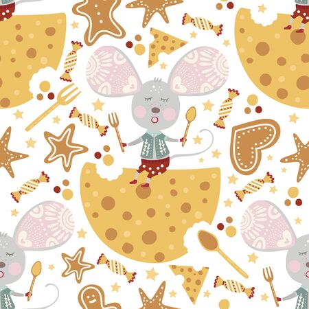 Seamless vector pattern with cute cartoon mouse with cheese in scandinavian style. Flat rat ornate illustration for new year 2020.のイラスト素材