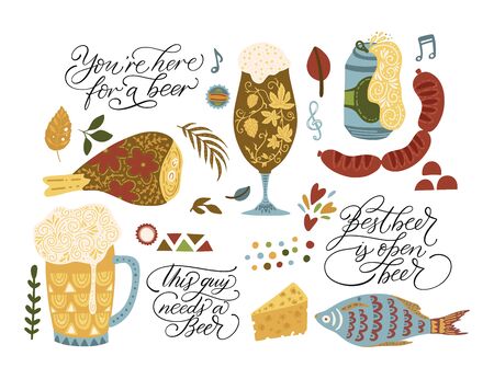 Beer festival vector illustrations with lettering quotes. Oktoberfest icon collections with beer glass, chicken, fish and sausages.のイラスト素材