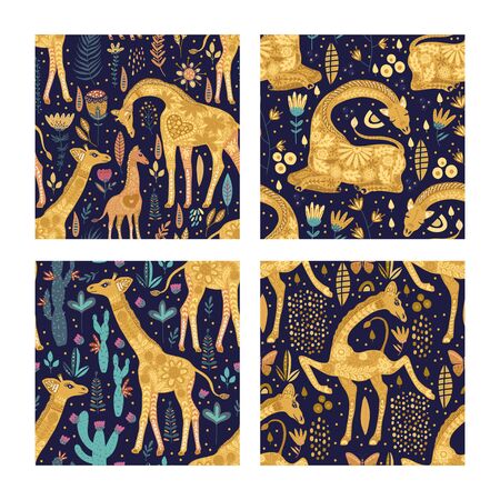 Seamless patten vector set with cute hand drawn ornate giraffes in scandinavian style. Africa animal background collection. Summer safari fashion flat giraffe illustrations.のイラスト素材
