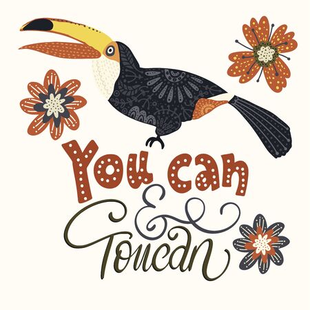 Seamless vector pattern with Tropical Bright Toucan Bird. Folk illustration in Scandinavian style. Summer tropic card.のイラスト素材