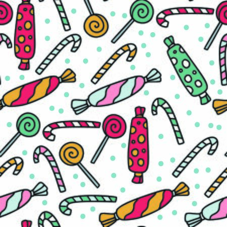 Christmas doodle cartoon illustration with candy canes, lollipop, and other sweets.のイラスト素材