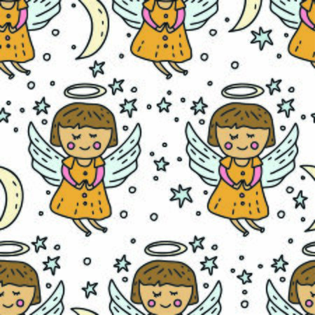 Christmas doodle cartoon  with cute baby angel among stars.のイラスト素材