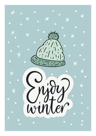 Winter vector card. Hand Drawn Merry Christmas Cartoon Doodle art with lettering quote Enjoy winter.のイラスト素材