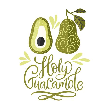 Avocado cinco de mayo humor vector flat cartoon card. Holy guacamole funny lettering quote.のイラスト素材