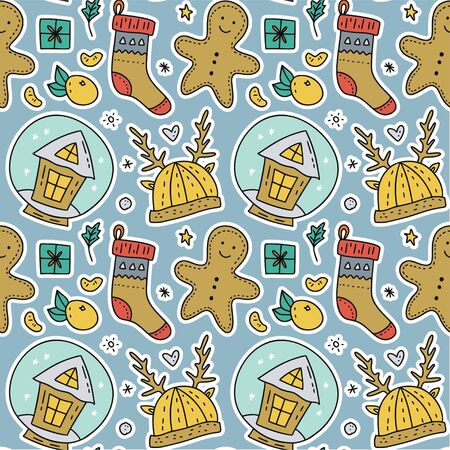 Seamless winter vector pattern. Christmas illustration with snow globe snowball, gingerbread man cookies, hat with deer horns and socks. Ornate season background.のイラスト素材