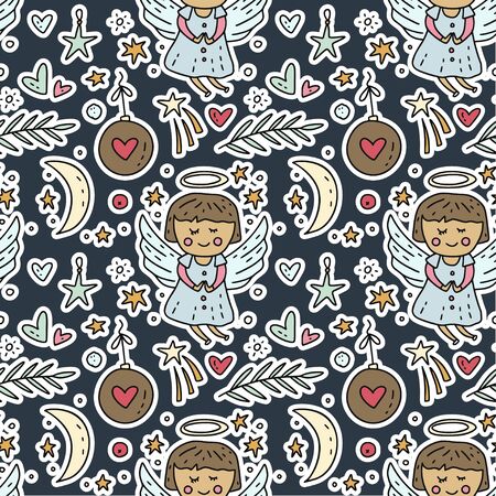 Seamless winter vector pattern in hand drawn doodle style. Cute cartoon angel baby girl with Christmas decorations, stars moon and hearts.のイラスト素材