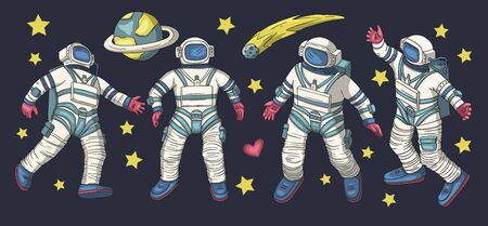 Huge vector clip art hand drawn astronaut collection. Spaceman cosmonaut science icon space set. People wearing spacesuits in different poses. Astronomy cosmos design.のイラスト素材