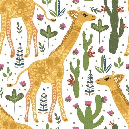 Seamless pattern with cartoon giraffe vector flat illustration in scandinavian style. Cute african animals on a white background.のイラスト素材