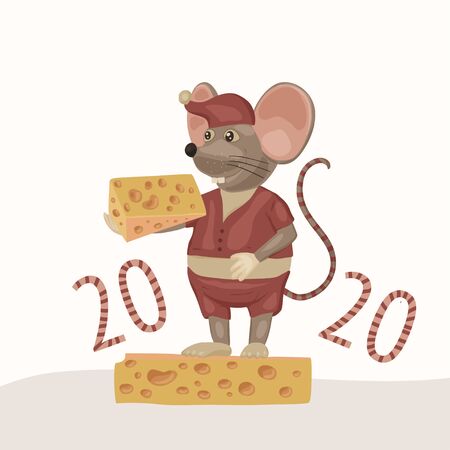 Cartoon Christmas vector mouse. Holiday card with cute rat and cheese.のイラスト素材