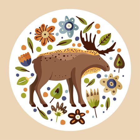 Cute cartoon moose vector animal art. Brown elk round card in a flat style. Woodland vintage illustration with botanical foliage and flowers.のイラスト素材