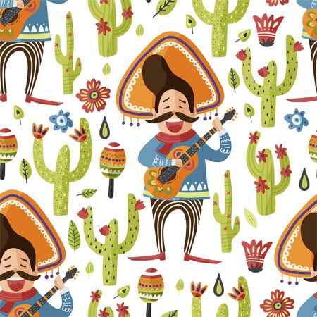 Mexican happy man in sombrero hat with guitar and cactus vector seamless pattern. Traditional Mexico cartoon flat illustration. Cinco de mayo latin party card.のイラスト素材