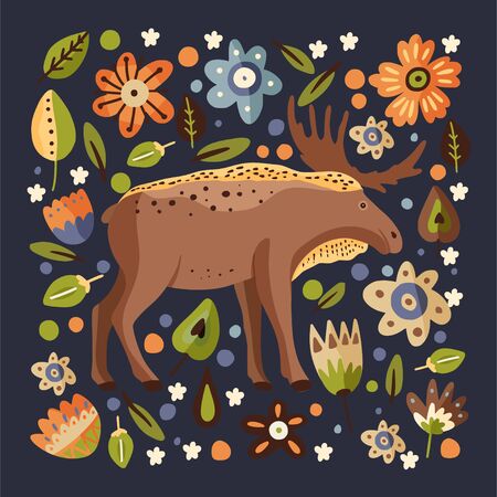 Cute cartoon moose vector animal square card. Brown elk card in a flat style. Woodland childish illustration with botanical foliage and flowers.のイラスト素材