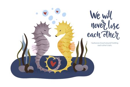 Happy valentine day vector textured seahorse animal card in a flat style with quote and real facts about love. Romantic illustration. Seahorses swim and hold on to their tails. We will never loose each other.のイラスト素材
