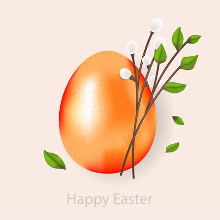 Happy Easter golden egg vector illustration. Realistic 3d painting. Realistic 3d painting with egg, twig, leaves and willow. Greeting color card template.のイラスト素材
