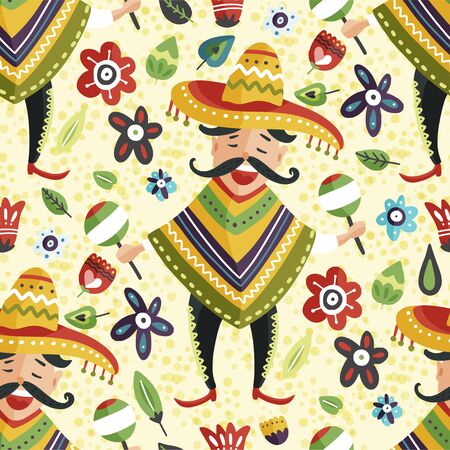 Mexican happy man in sombrero hat with maracas vector seamless pattern. Traditional Mexico cartoon flat illustration. Cinco de mayo latin party card.のイラスト素材