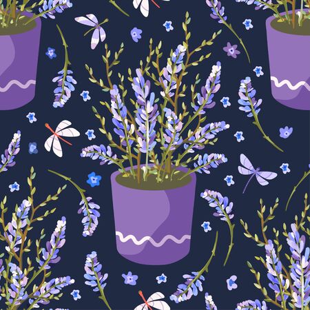 Provence seamless vector vintage pattern in a flat style. Lavender blossom flower summer art. Bouquet, basket, vase ornament with butterfly on a blue background.のイラスト素材