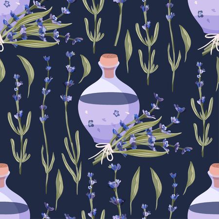 Lavender blossom flower bouquet and lavender oil bottle summer art on a blueのイラスト素材