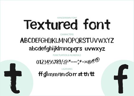Textured calligraphy hand drawn alphabet. Rough grunge font. Latin typeset with letters and numbers.のイラスト素材