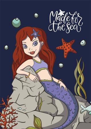 Made for the sea. Lettering vector mermaid card with cute reef illustration and hand drawn calligraphy greeting quote.のイラスト素材