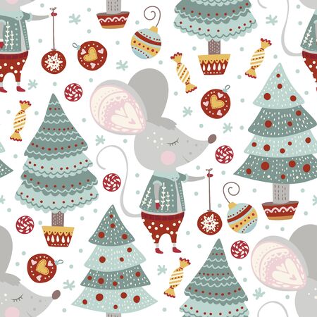 Seamless vector pattern with cute cartoon mouse with Christmas decorations and fir trees in scandinavian style. Flat rat ornate illustration for New Year 2020.のイラスト素材