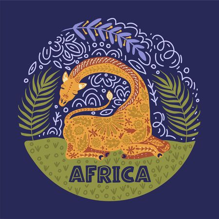 Cartoon giraffe vector flat illustration in scandinavian style. Lying, dreaming, african animal.のイラスト素材