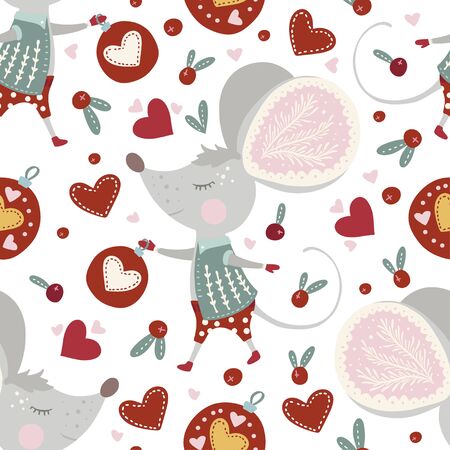 Seamless vector pattern with cute cartoon mouse in scandinavian style. Flat rat ornate illustration for New Year 2020.のイラスト素材