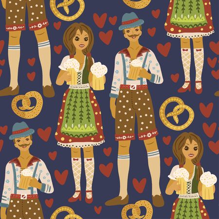 Beer festival vector seamless pattern. Oktoberfest colour illustration with happy man and woman in traditional clothes drinking beer with gingerbread.のイラスト素材