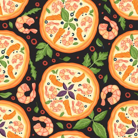 Italian cheese sea food pizza vector illustration. Delicious tasty snack with shrimp and salmon red fish. Flat design.のイラスト素材