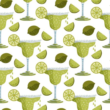Margarita tequila martini cocktail alcohol drink vector seamless pattern. Party colorful bar background with beverage in a glass and lime slice in a flat cartoon style.のイラスト素材