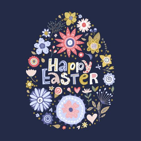 Floral color vector lettering greeting card in a flat style. Ornate flower holiday spring illustration with hand drawn calligraphy text quote - Happy Easter.のイラスト素材