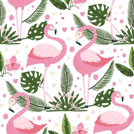 Flamingo bird couple in love. Vector seamless pattern. Cartoon tropical summer background with pink exotic jungle animal, tropic palm and flowers. Kid illustration.のイラスト素材