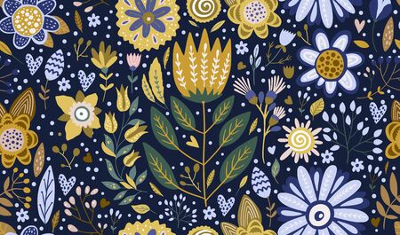 Floral ornate seamless cartoon pattern. Summer vector vintage background. Textured  flower summer illustration. Decorative botanical drawing.のイラスト素材