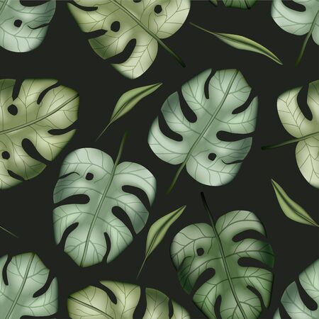 Realistic colorful tropical palm monstera leaves vector seamless pattern. Jungle botanical summer background. Exotic green nature wallpaper.のイラスト素材