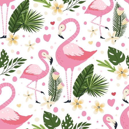 Flamingo bird vector seamless pattern. Cartoon tropical summer background with pink exotic jungle animal, tropic palm and flowers. Mother and baby kid illustration.のイラスト素材